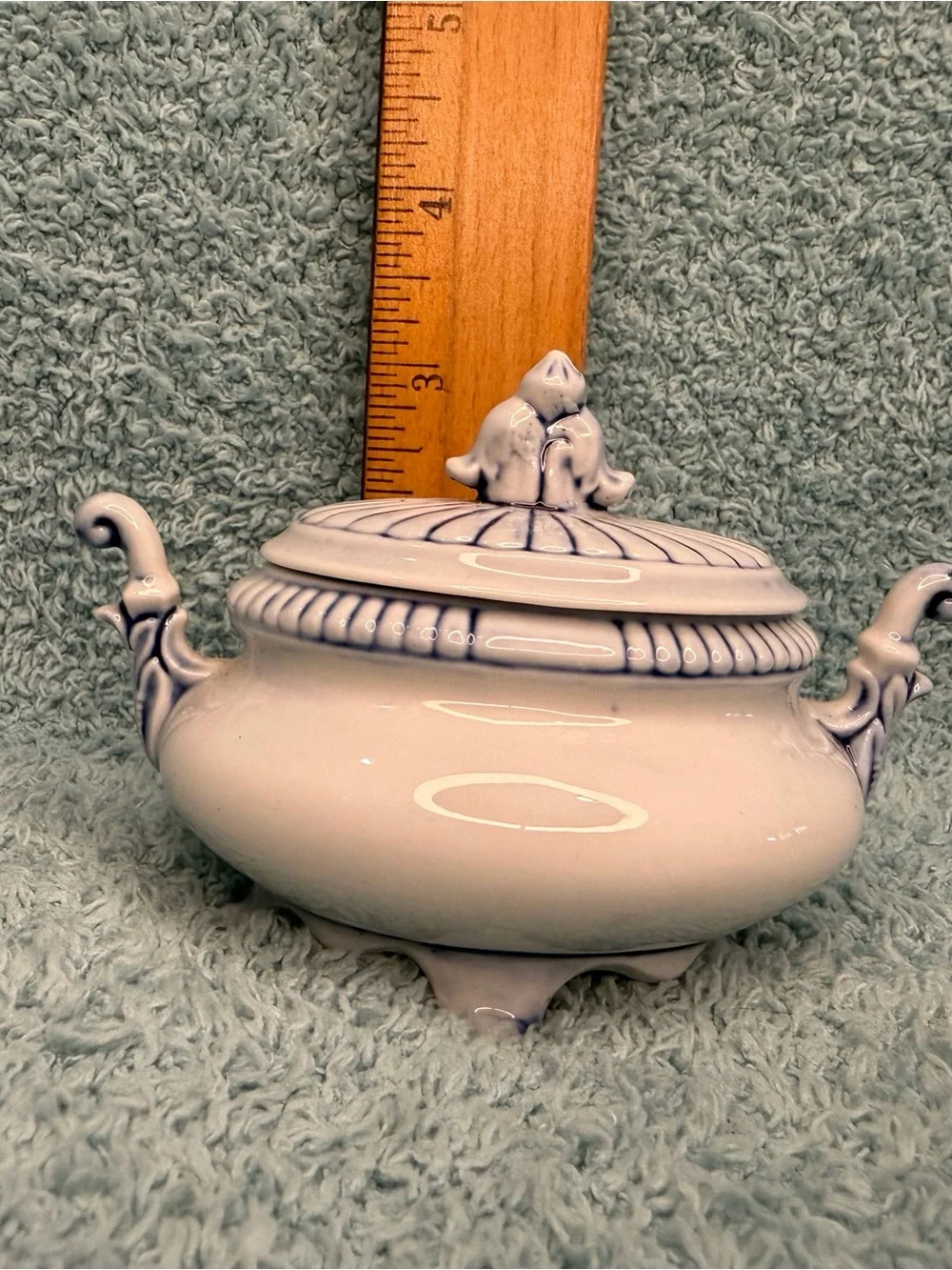 Vintage Blue and White Ceramic Soup Tureen Lid Footed Serving Bowl Ornate 3”